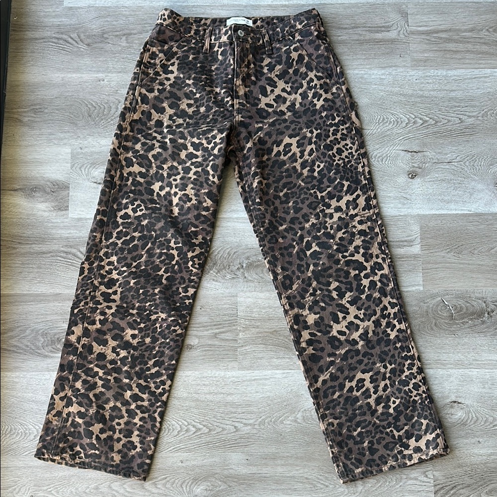 Abercrombie & Fitch Leopard Print Mid Rise Curve Love Boot Cut Jeans Long